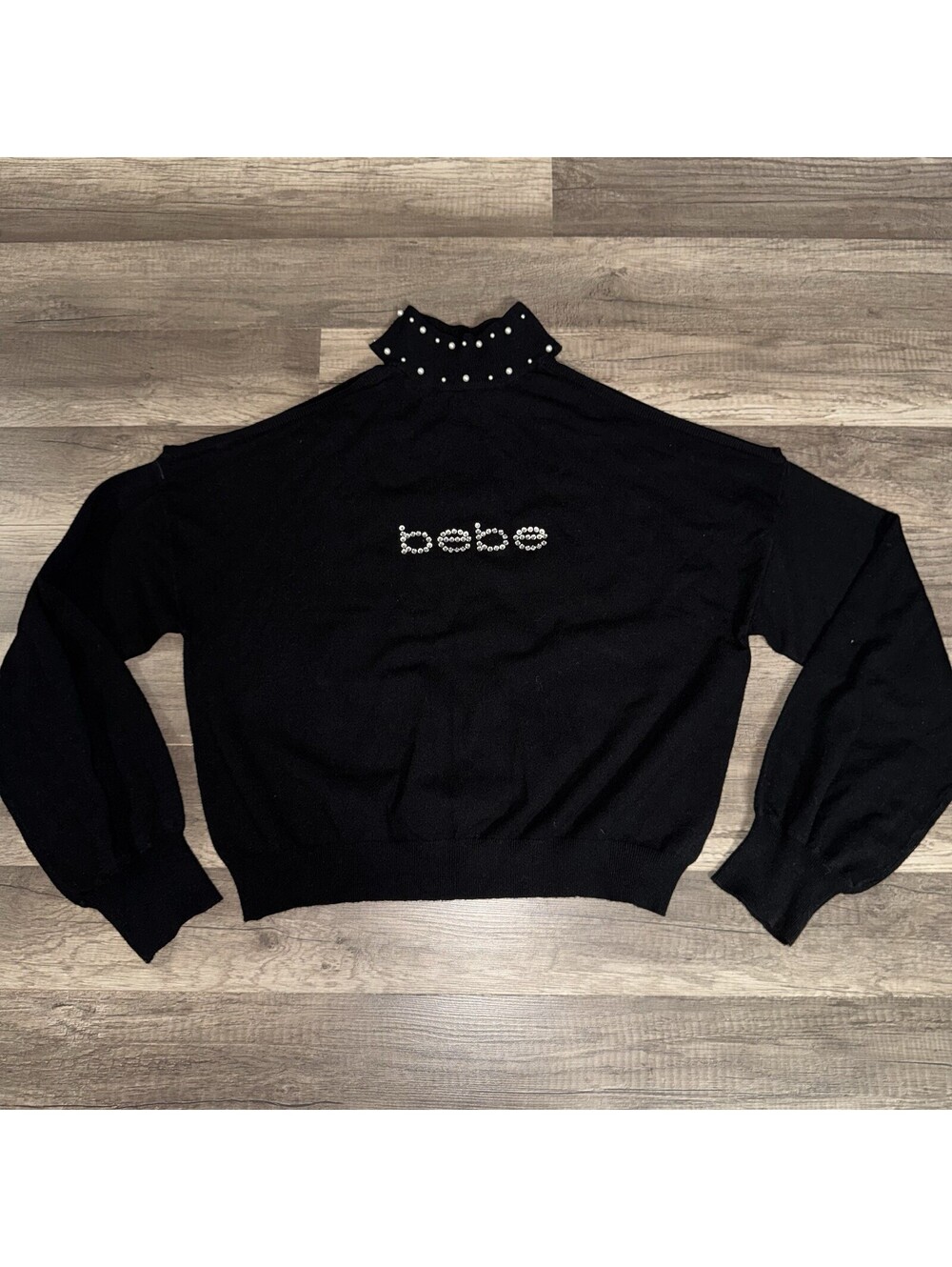 bebe black pearl-embellished mock neck sweater Size Large Longe Sleeve